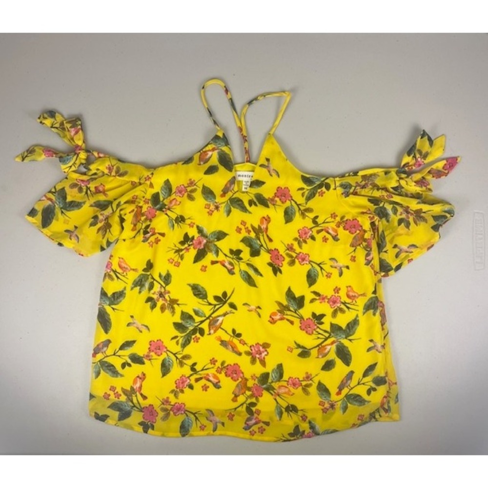 Monteau Yellow Floral‎ Bird Cold Shoulder Tie Sleeve Top Women's Size M